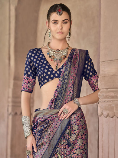 Wonderful Navy Blue Patola Printed Silk Traditional Saree With Blouse